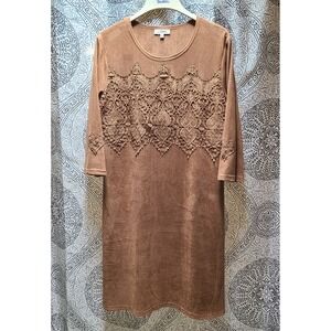 Back In The Saddle Dress Women XL Brown Faux Suede Crochet Lace Heart Accent